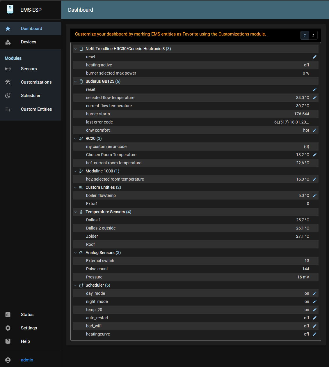 EMS-ESP Main Screen
